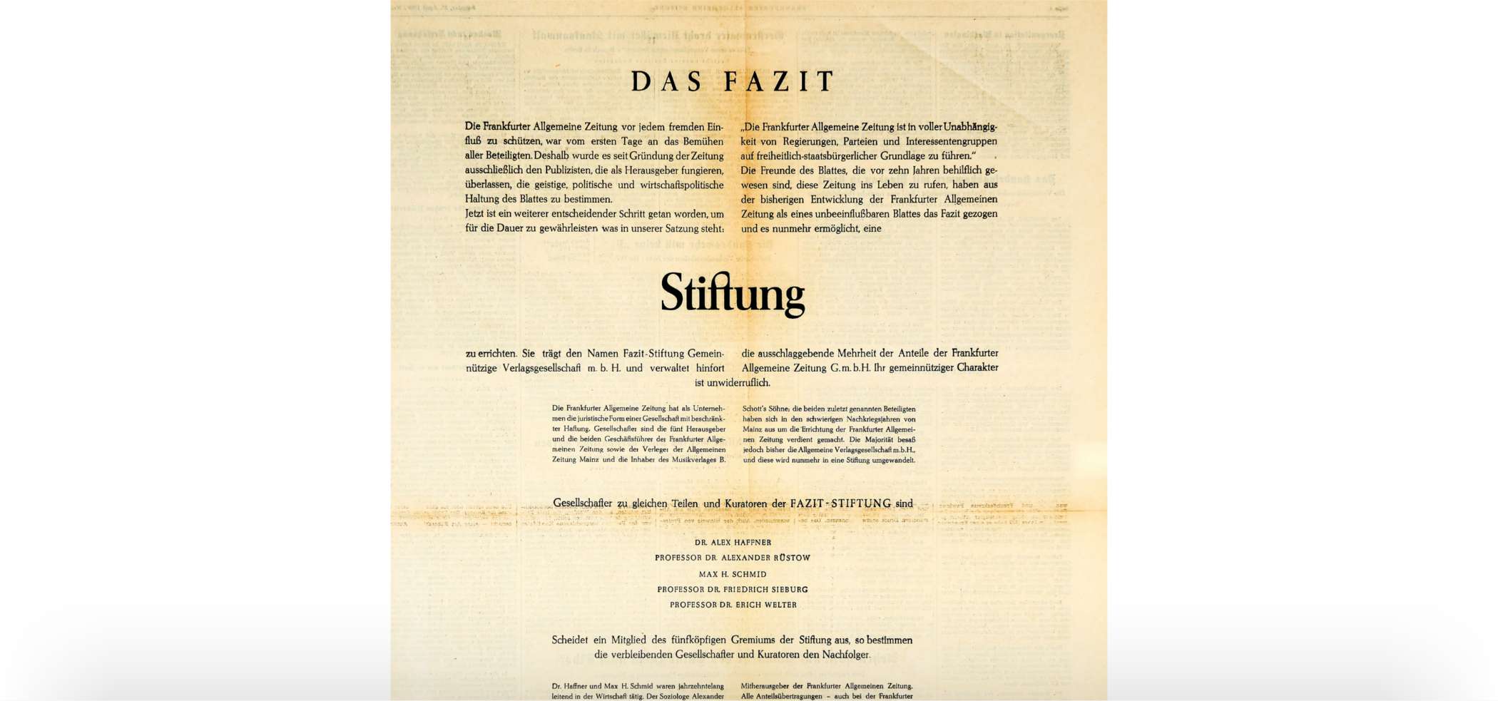 Faksimile der Ausgabe der Frakfurter Allgemeinen Zeitung mit dem Hinweis auf die Gründung der FAZIT-Stiftung 1959.